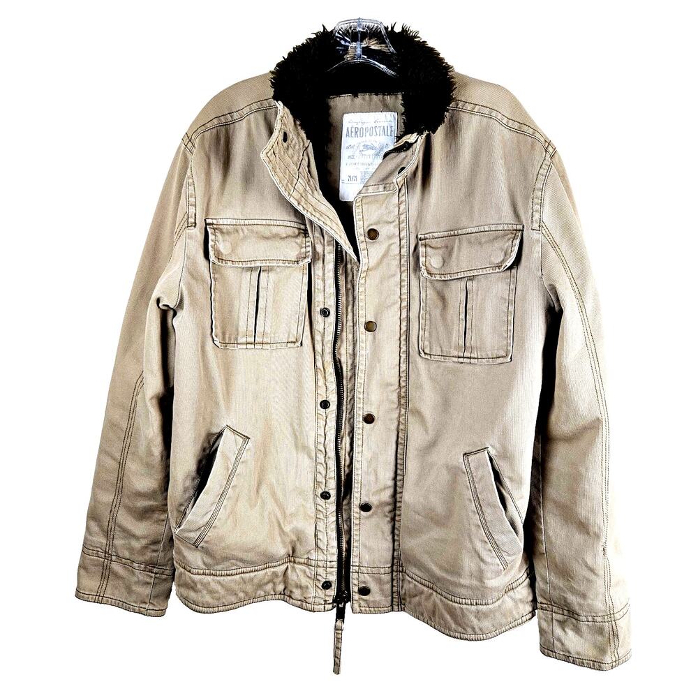 Vtg Aeropostale Jacket Mens M Khaki Sherpa Lined Adirondack Coat Y2K Distressed